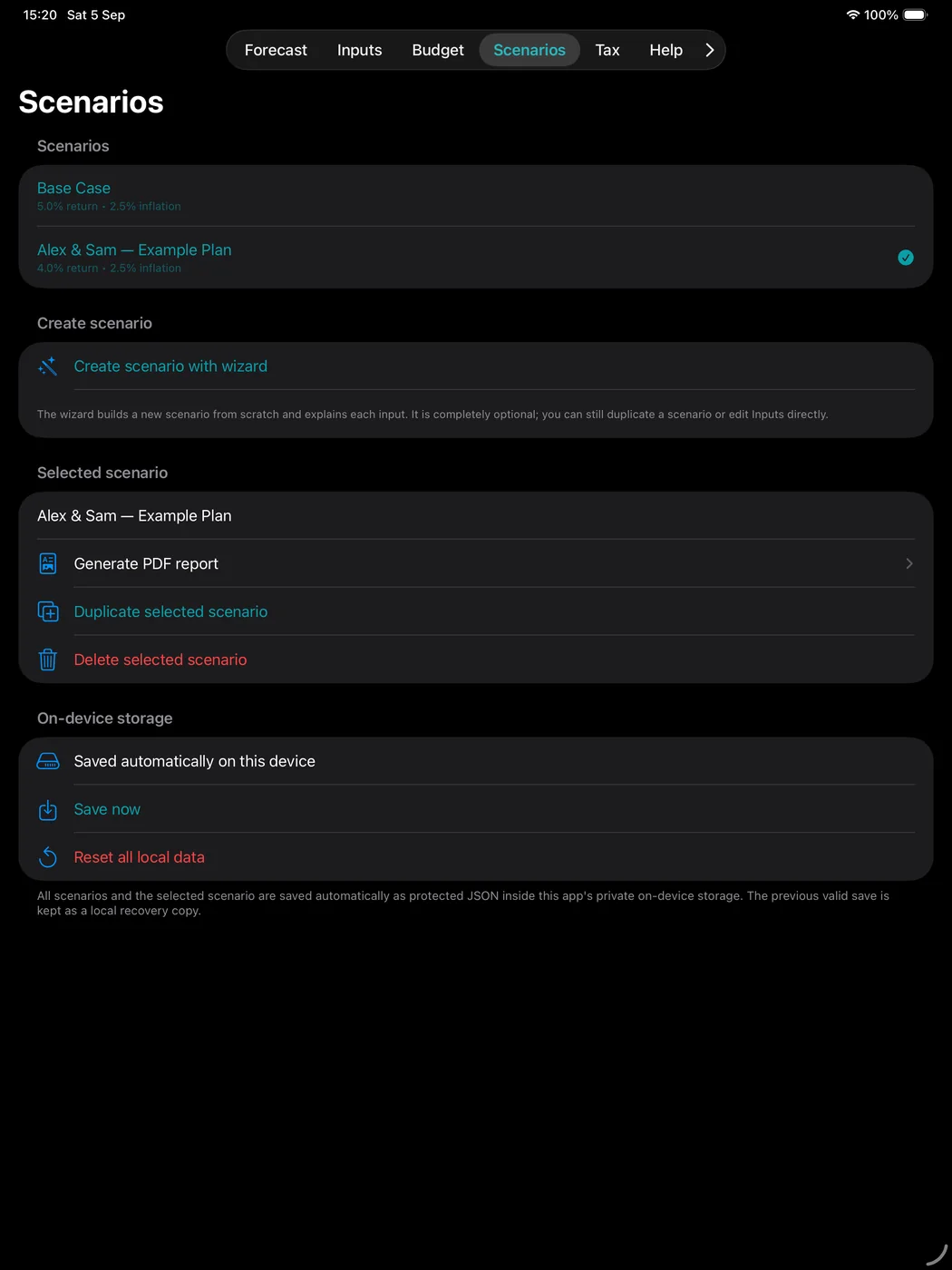 Pension Planner iPad Scenarios screen showing multiple retirement planning scenarios for comparison.