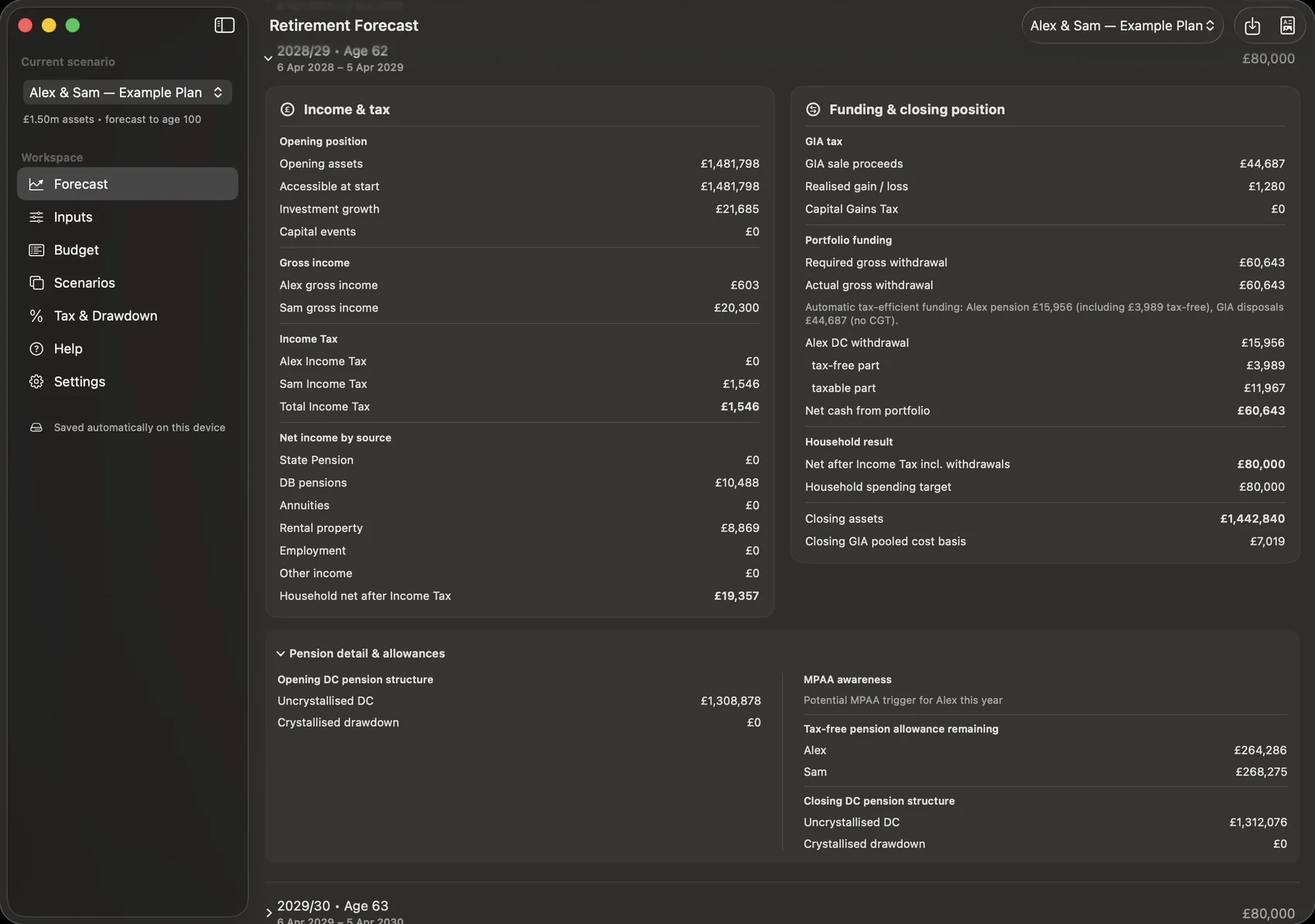 Pension Planner Mac two-column Annual Detail view showing income and tax beside GIA, portfolio funding and closing assets.
